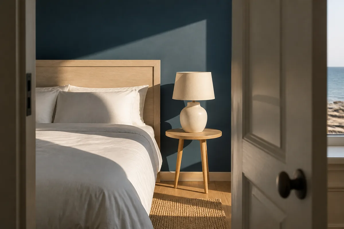 Chambre côtière avec mur d&rsquo;accent bleu ardoise derrière une tête de lit en bois clair