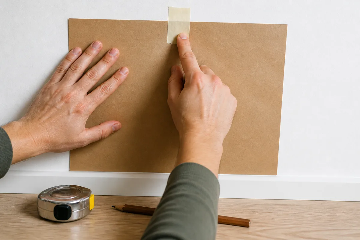 Mains plaçant un gabarit de papier kraft sur un mur blanc avant accrochage