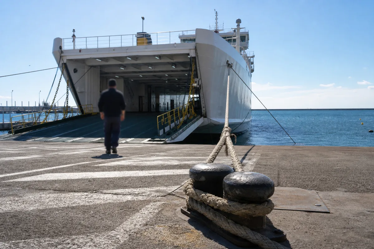 Car-ferry accostant au quai d&rsquo;un port dalmate avec la rampe véhicules abaissée