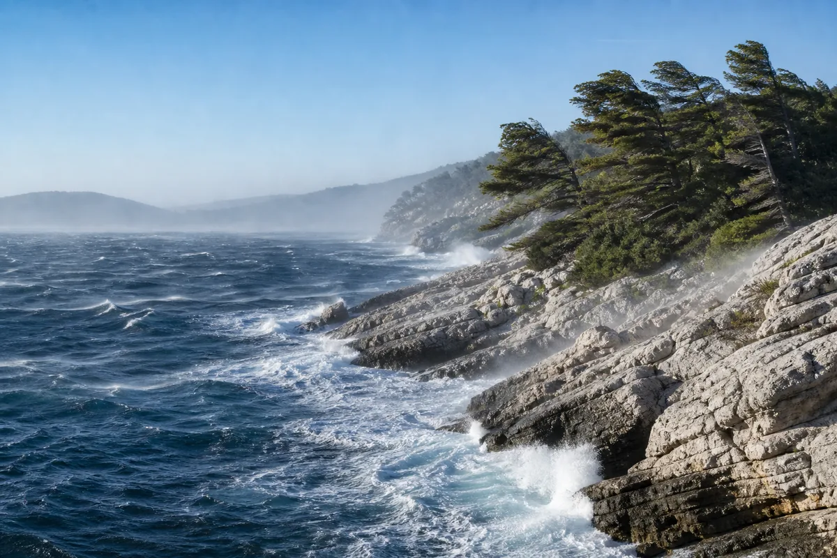 Mer agitée par un vent fort le long d&rsquo;une côte rocheuse de l&rsquo;Adriatique croate