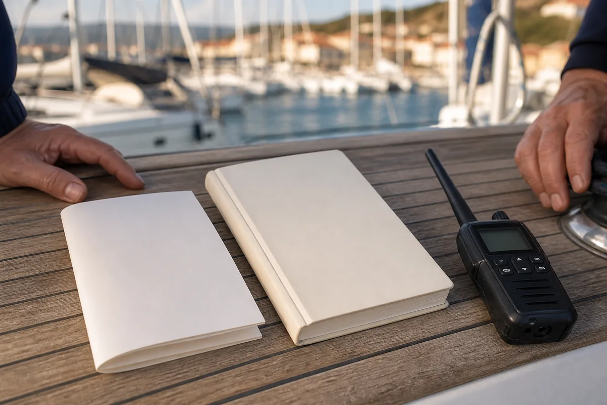 Documents de navigation posés sur le pont d&rsquo;un voilier de location amarré dans une marina croate