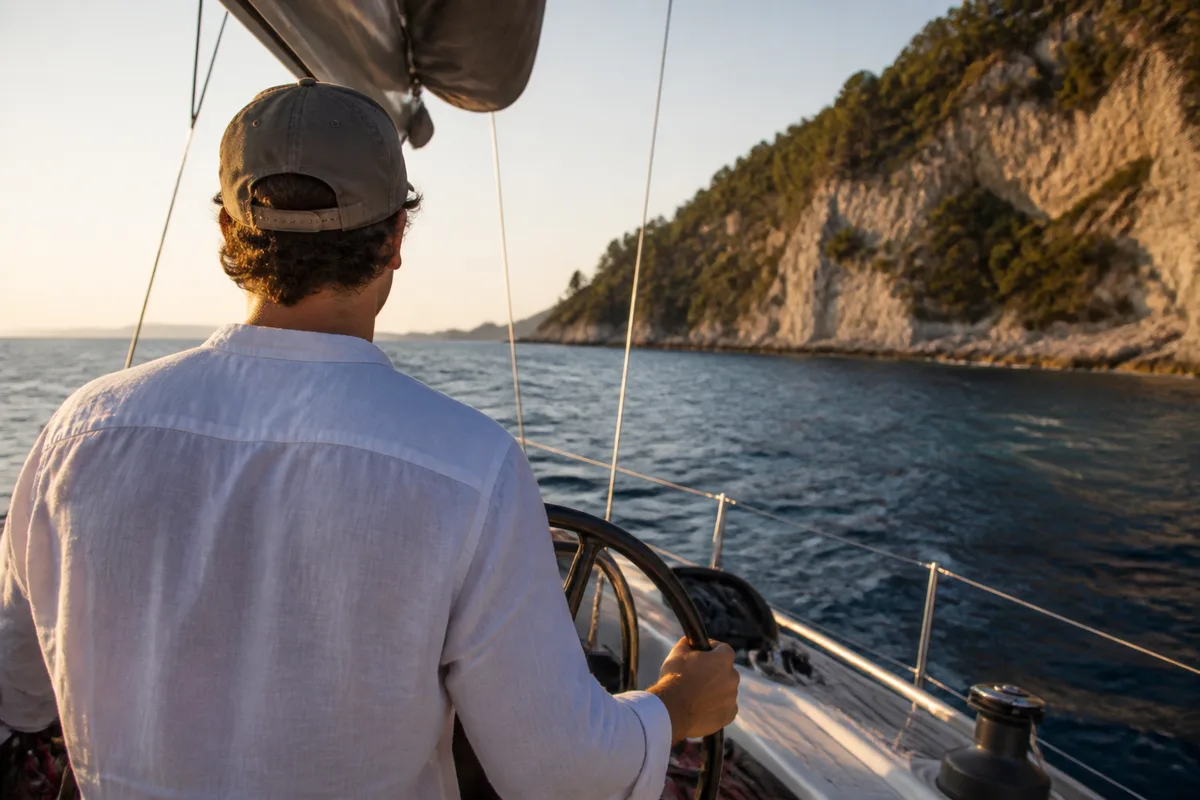 Skipper à la barre d&rsquo;un voilier de location longeant la côte dalmate