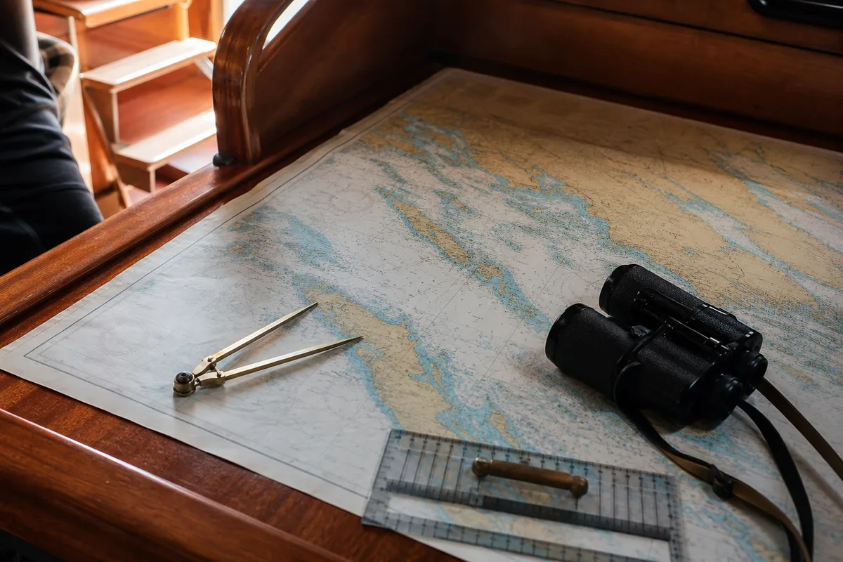 Table de navigation avec carte marine de la Dalmatie et compas à bord d&rsquo;un voilier