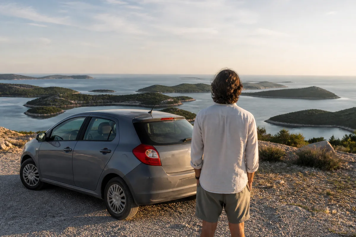 Voiture compacte claire sur une route côtière surplombant la mer Adriatique