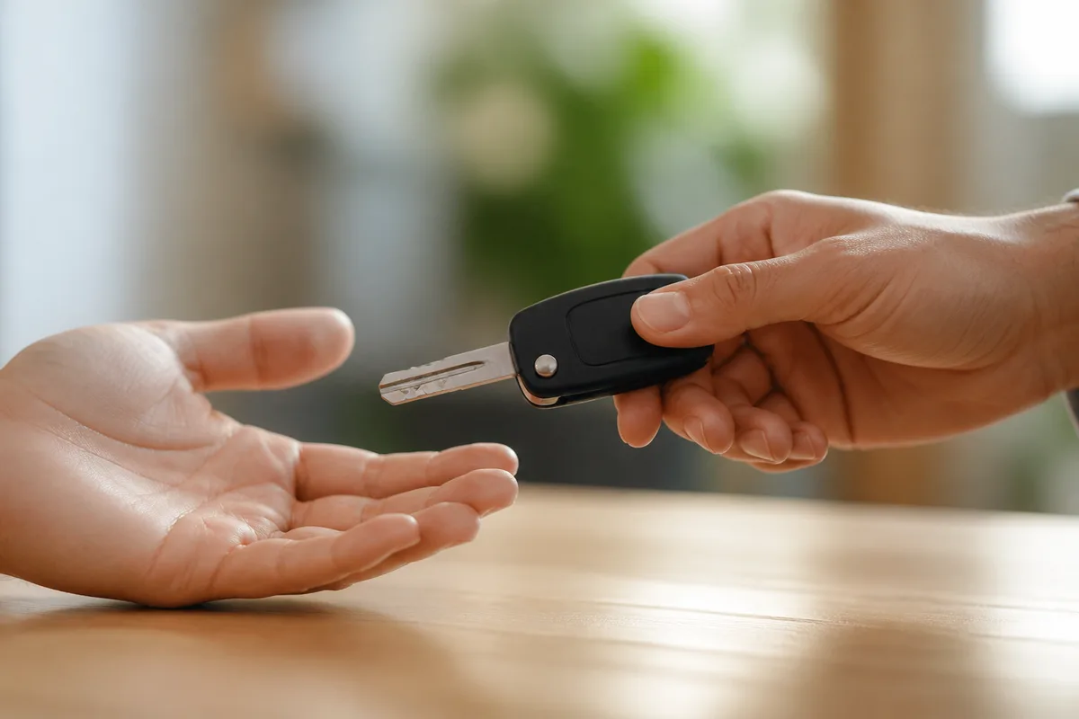 Mains tenant une clé de voiture au-dessus d&rsquo;un comptoir en bois clair uni