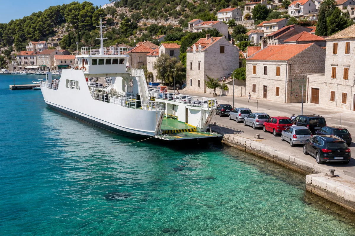 Ferry blanc accostant dans un petit port croate aux eaux turquoise