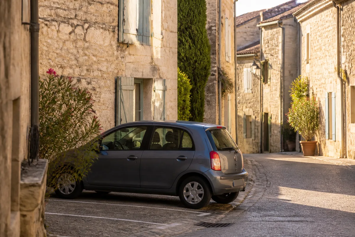 Voiture compacte stationnée le long d&rsquo;une ruelle pavée bordée de façades en pierre