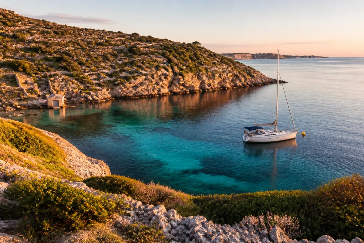 Voilier au mouillage sur bouée dans une baie abritée des îles Kornati