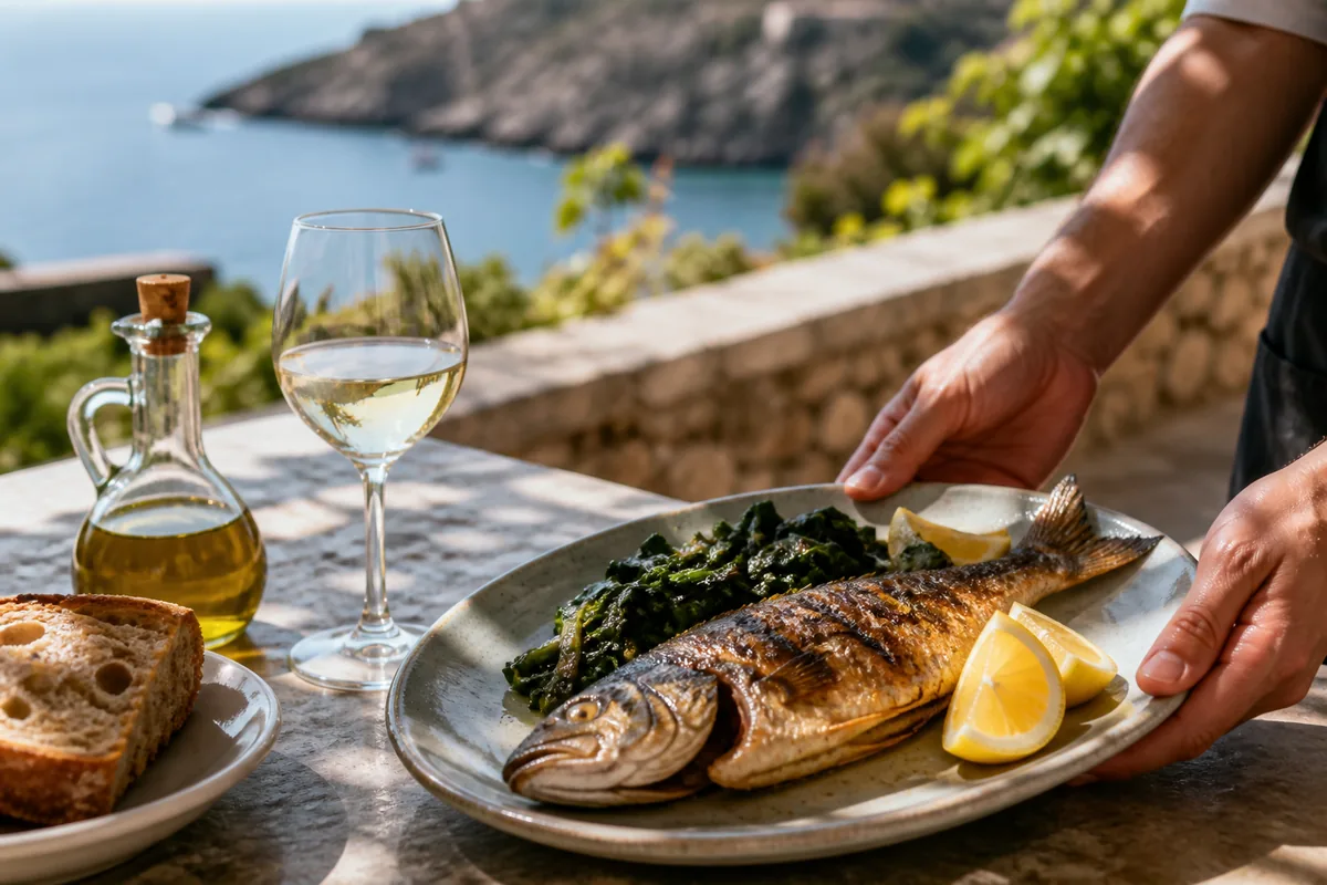 Table de konoba en pierre face à la mer avec poisson grillé et huile d&rsquo;olive
