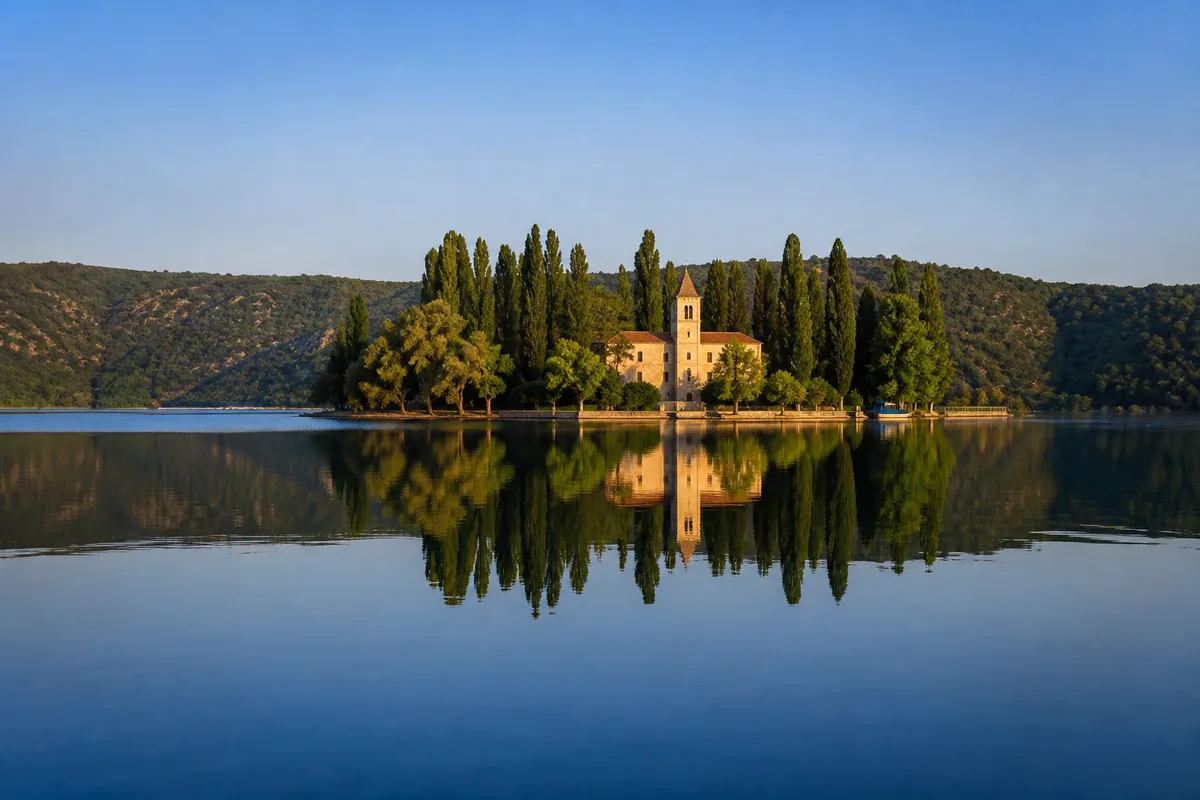 Îlot boisé de Visovac et son monastère au milieu de la rivière