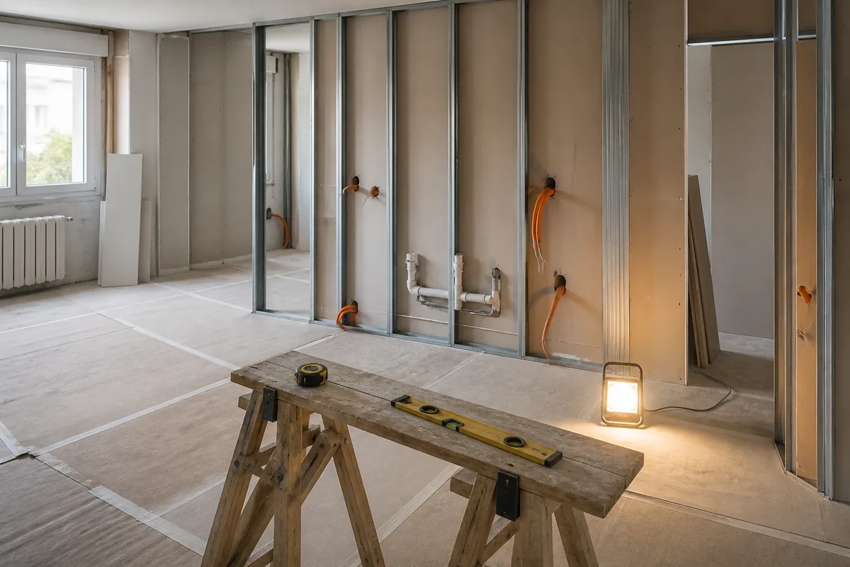 Appartement en cours de rénovation, cloisons ouvertes et gaines électriques apparentes, lumière naturelle