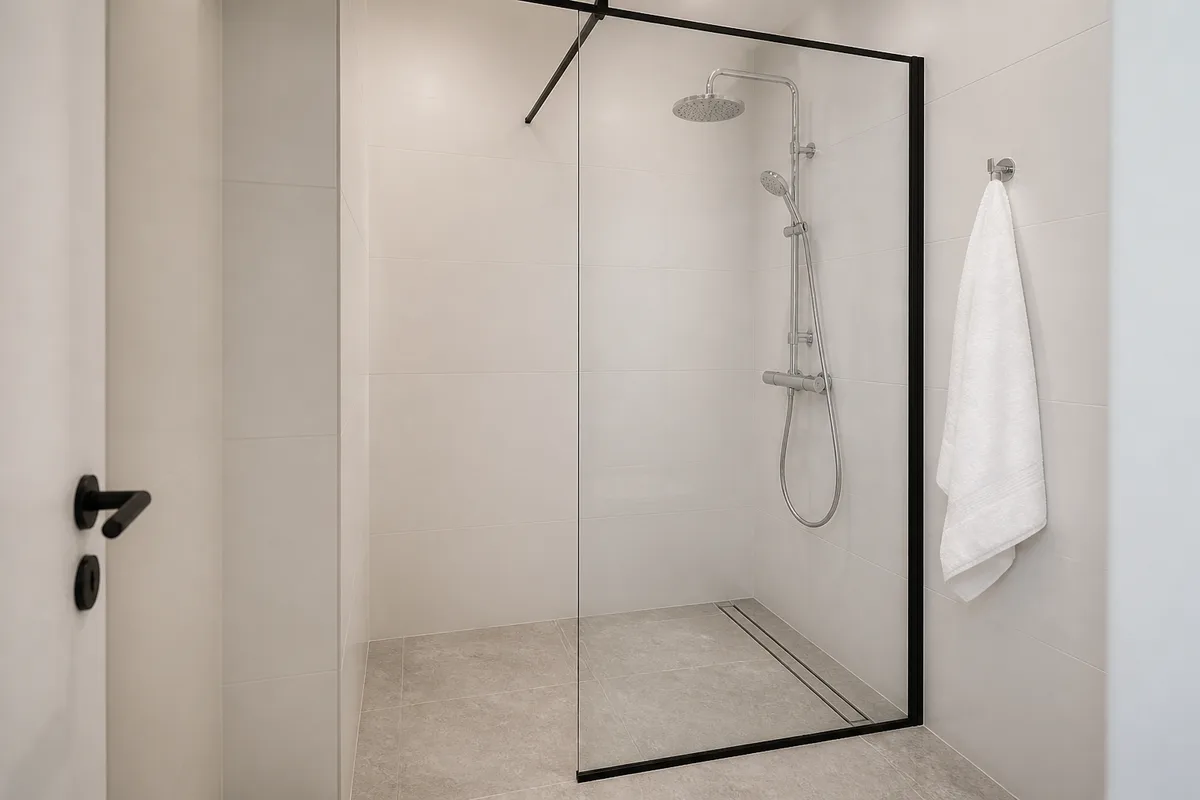 Salle d&rsquo;eau neuve avec douche à l&rsquo;italienne carrelée et paroi vitrée, carrelage clair grand format