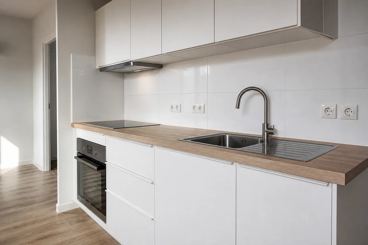 Cuisine rénovée d&rsquo;appartement locatif avec plan de travail clair, crédence carrelée et rangements fermés