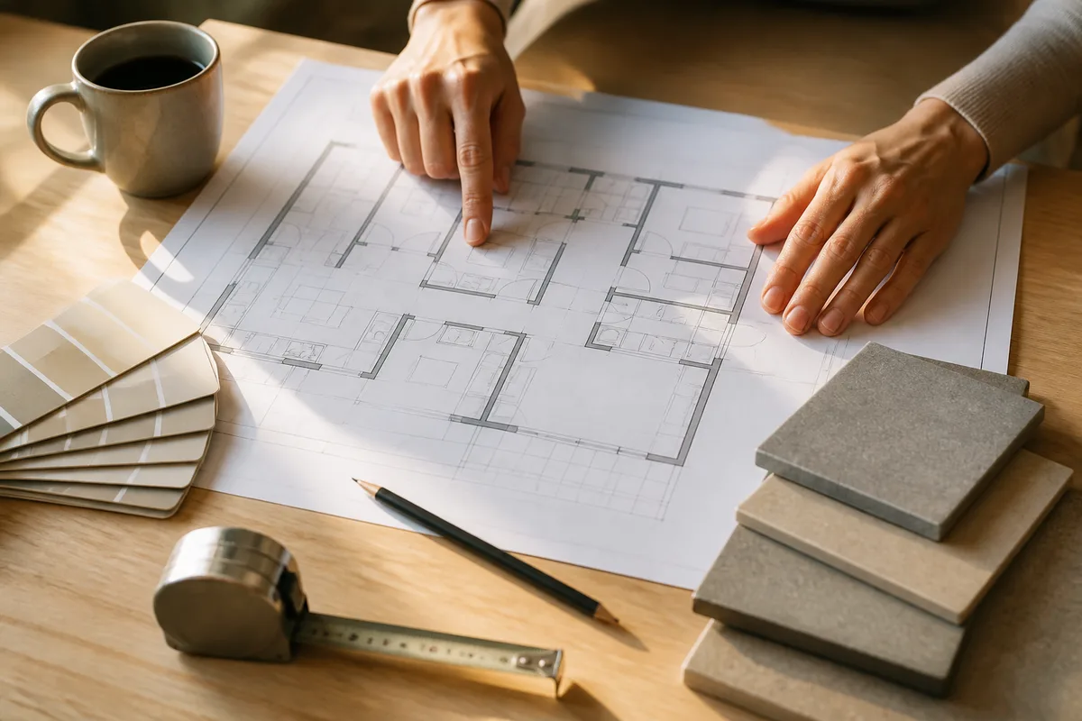 Propriétaire consultant un plan de rénovation posé sur un plan de travail, échantillons de carrelage et de peinture