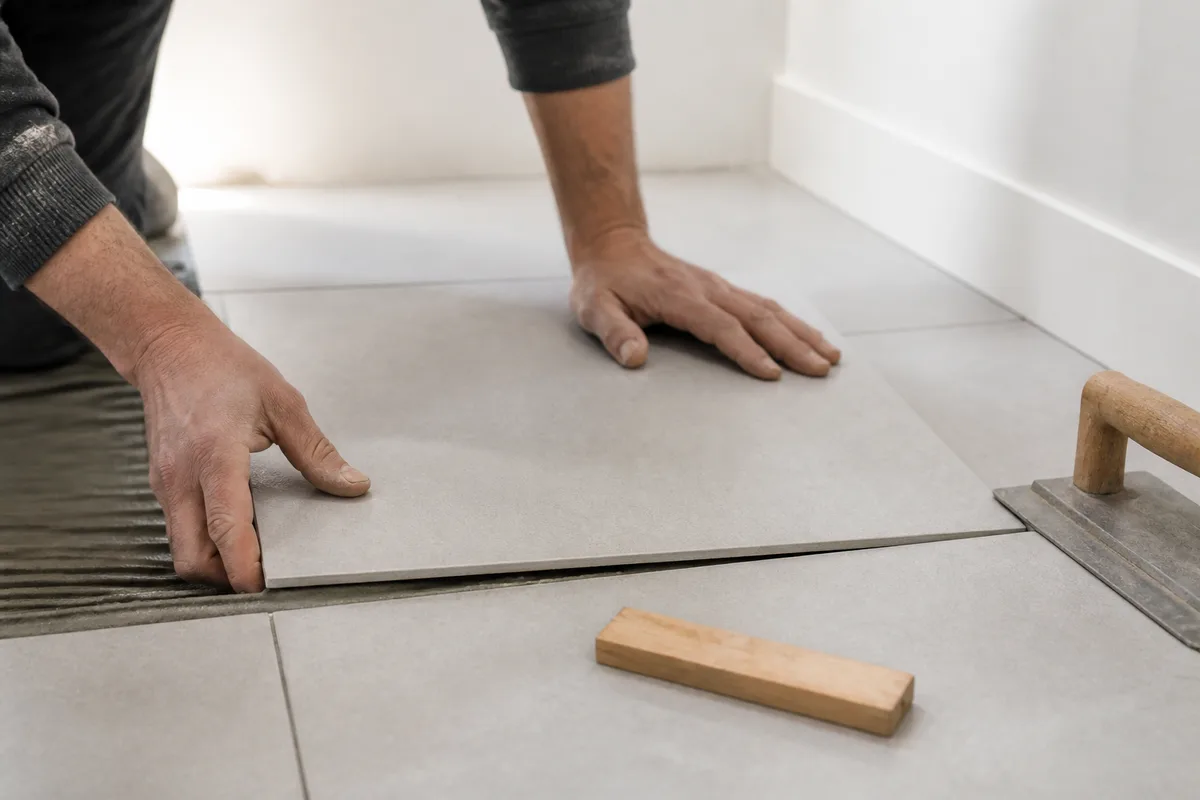 Mains tenant un mètre ruban déroulé au sol d&rsquo;une petite salle de bain carrelée claire