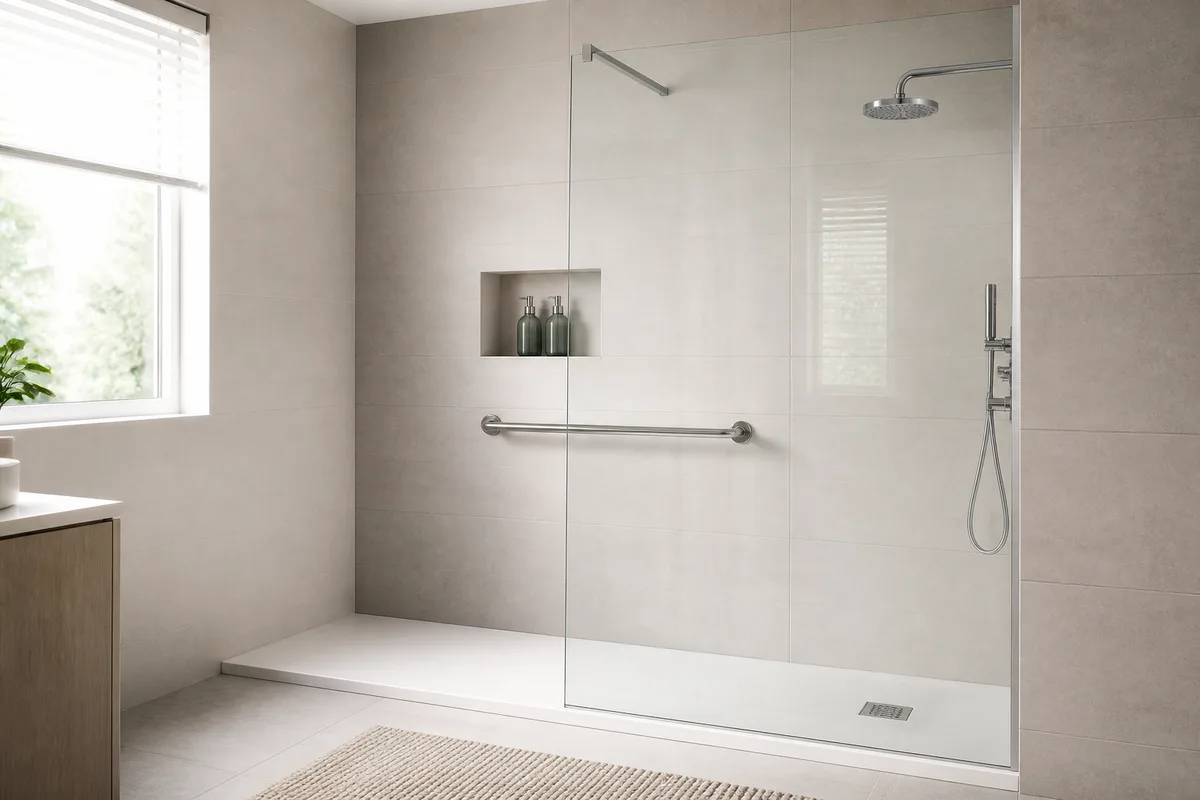 Paroi de douche en verre et carrelage antidérapant clair dans une salle d&rsquo;eau lumineuse