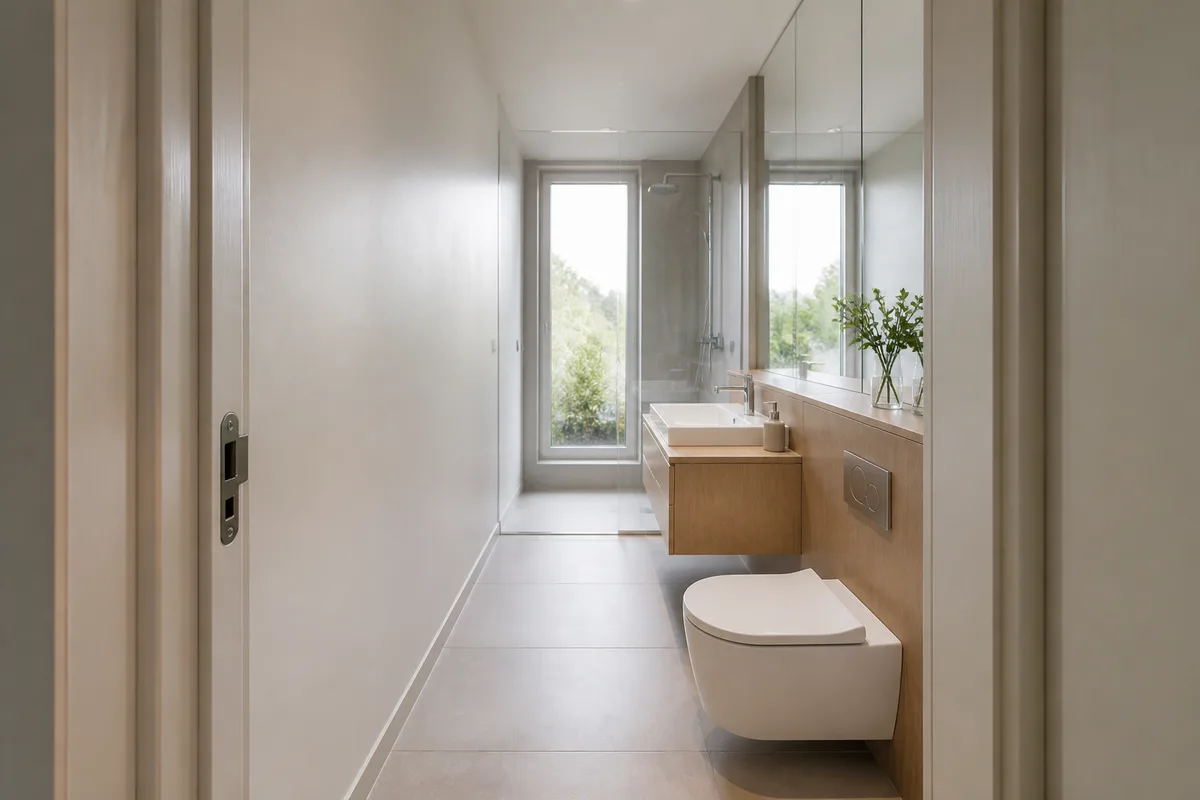 Salle d&rsquo;eau étroite en enfilade avec sanitaires alignés sur un seul mur et couloir de passage dégagé