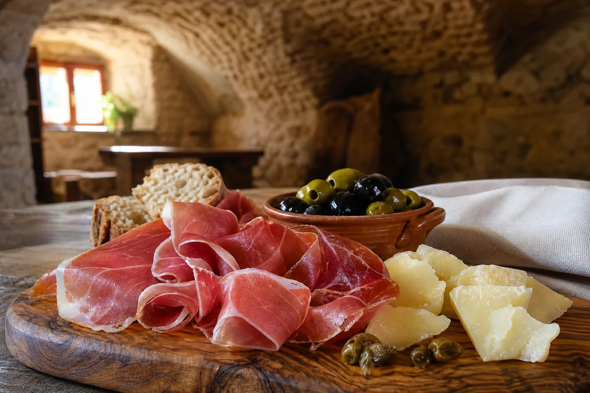 Planche dalmate de jambon sec, fromage de brebis et olives sur une table de taverne en pierre