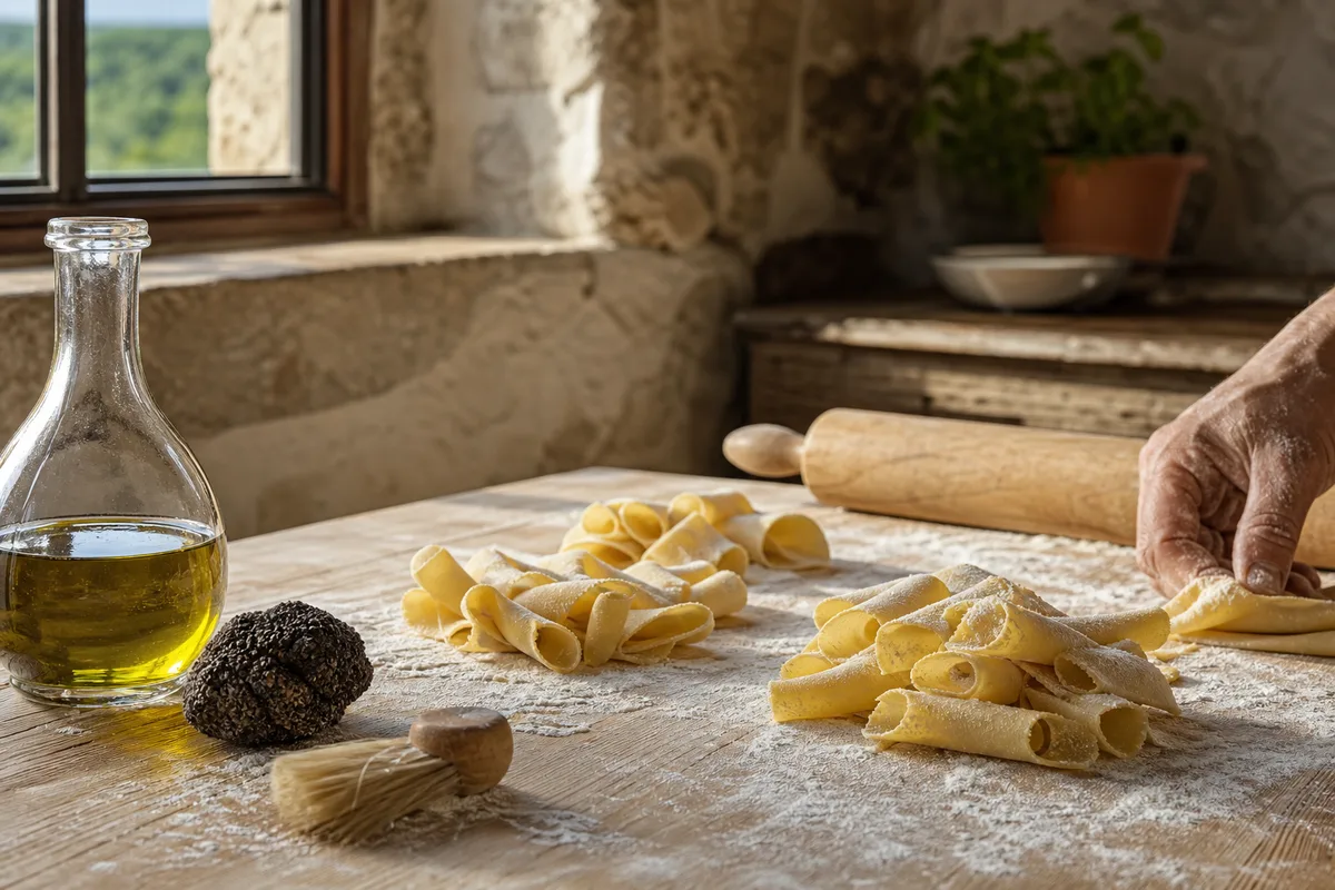 Pâtes fraîches istriennes et truffe entière posées sur un plan de travail en bois clair