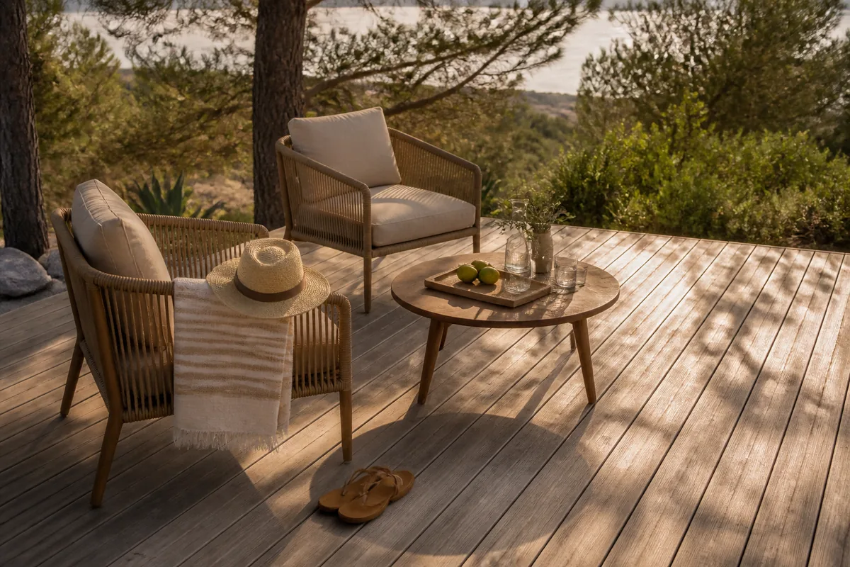Terrasse en bois d&rsquo;un locatif de vacances ombragé par des pins, mobilier d&rsquo;extérieur et linge de plage