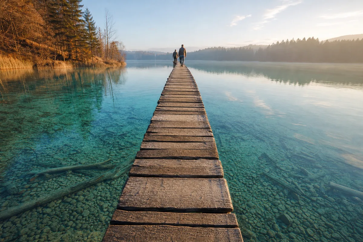 Passerelle en bois au-dessus d&rsquo;un lac turquoise à Plitvice